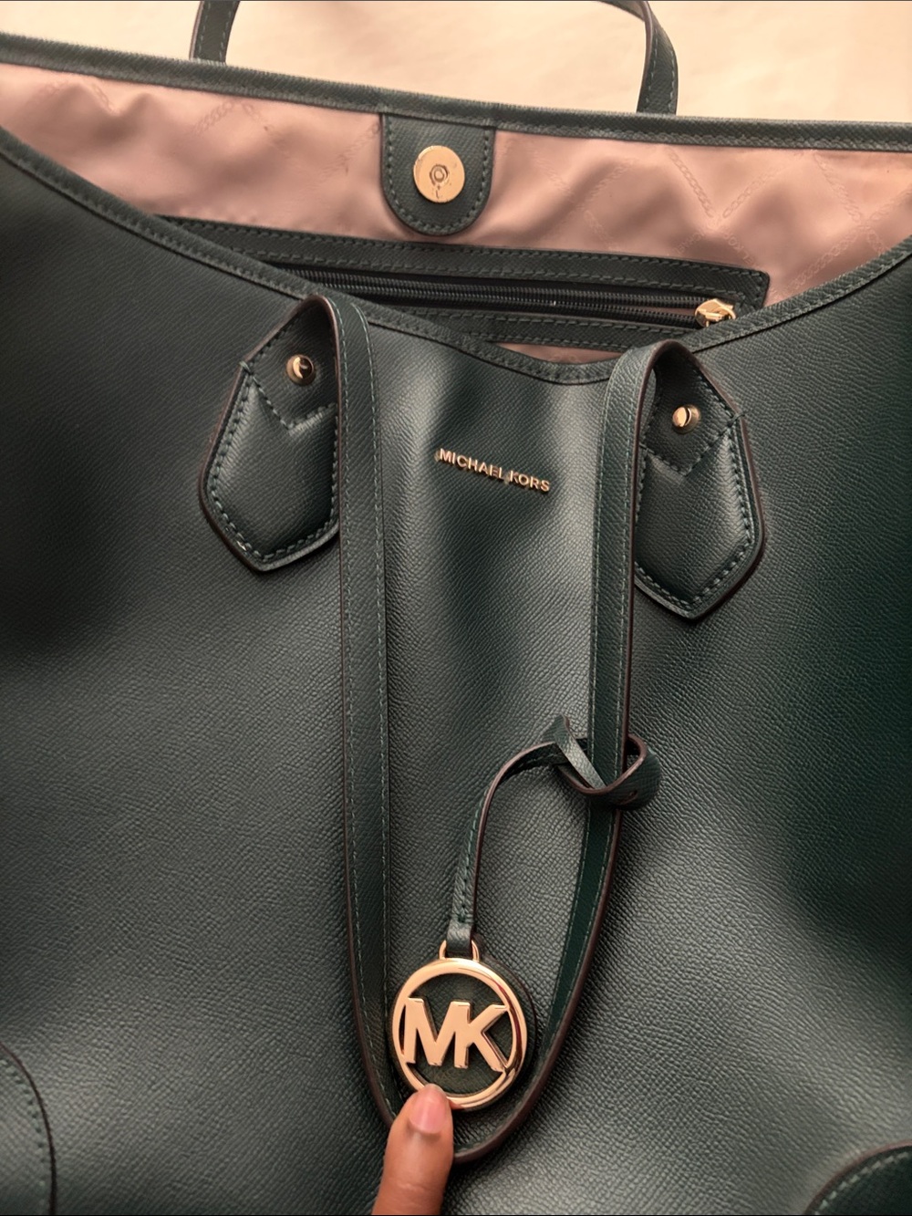 Michael Kors Forest Green Tote with Blush Interior and Gold Hardware